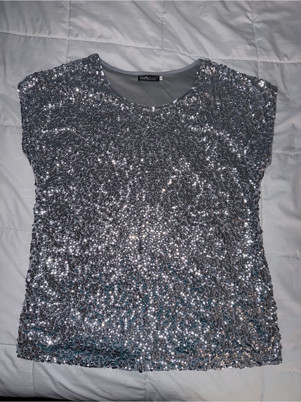 Silver Sequin Short Sleeve Blouse - Large